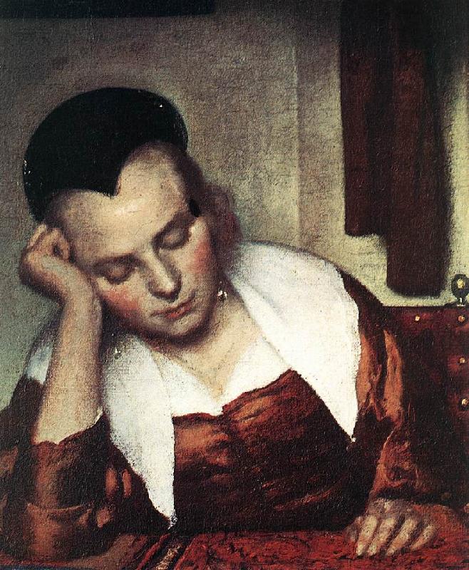 VERMEER VAN DELFT, Jan A Woman Asleep at Table (detail) atr oil painting image